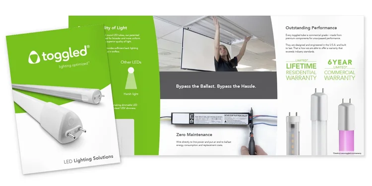 Toggled brand brochure, front and inside spread